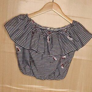 The Edit By Seventeen Cropped Blue White Gingham Embroidered Top Large